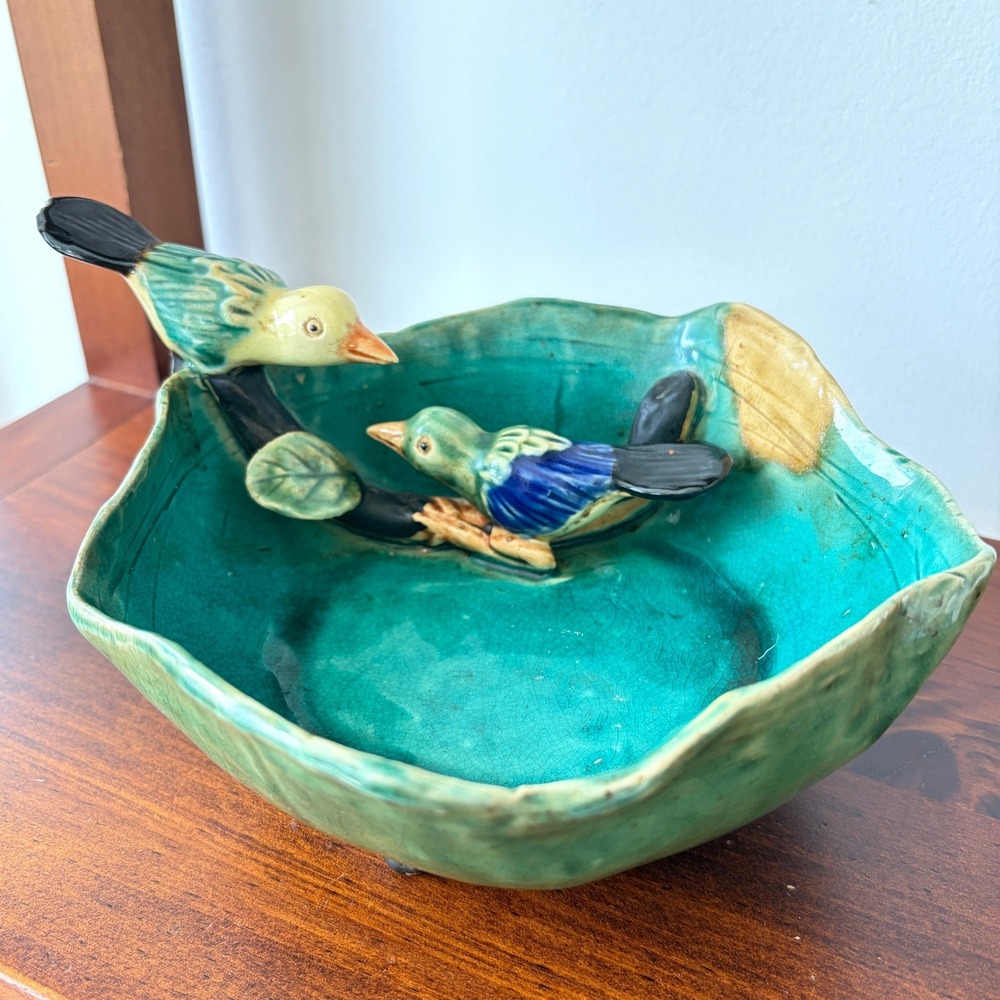 Vintage Artisan Ceramic Bird Bowl Teal Green Crackle Glaze Hand Painted Decor